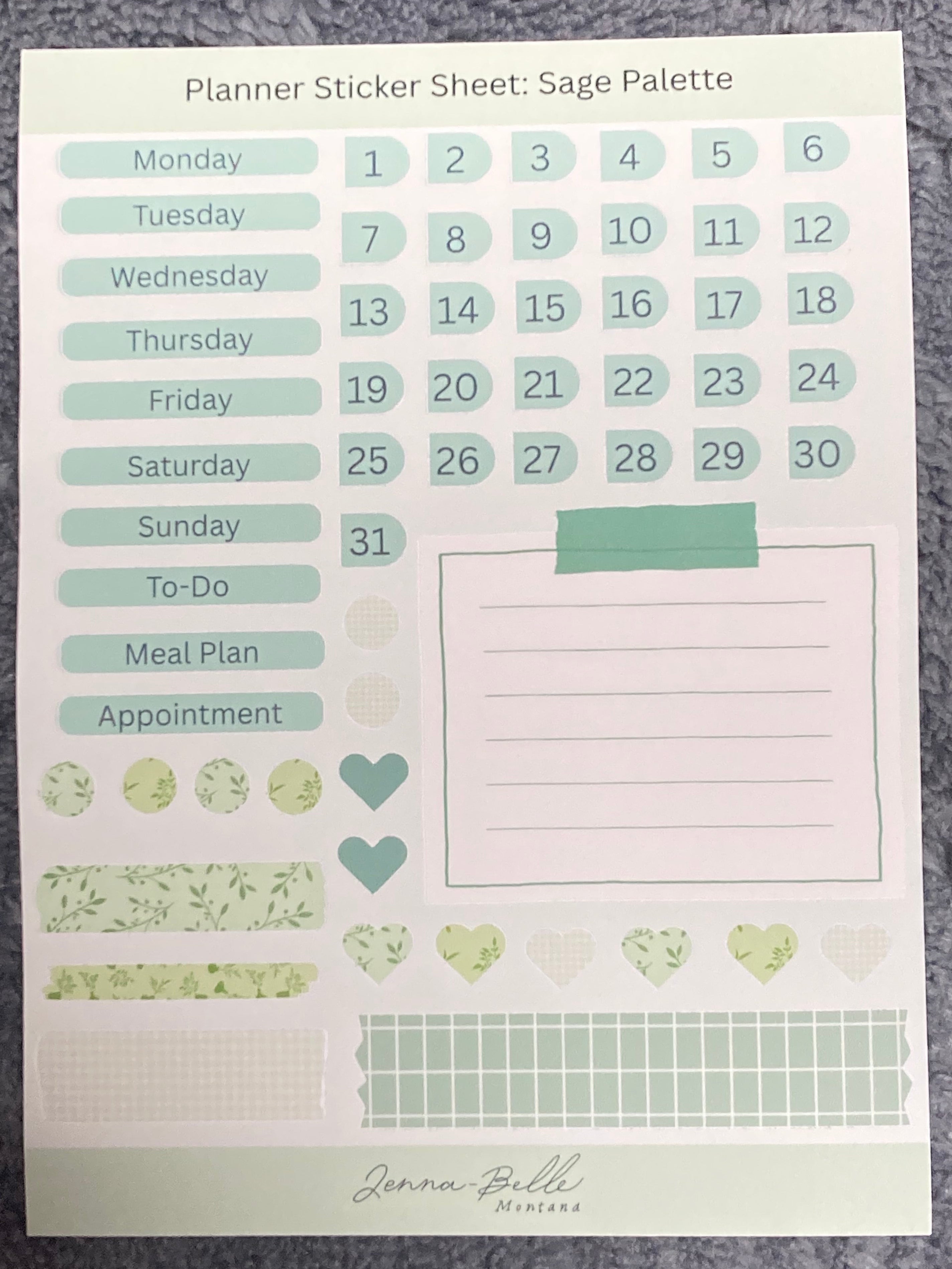 Handmade Vinyl Planner Sticker Sheet: Sage Pallette